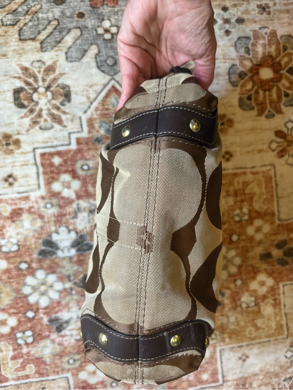Coach Carly 12871 Tan Signature Canvas Shoulder Bag with Dark Brown Trim - Picture 5 of 12